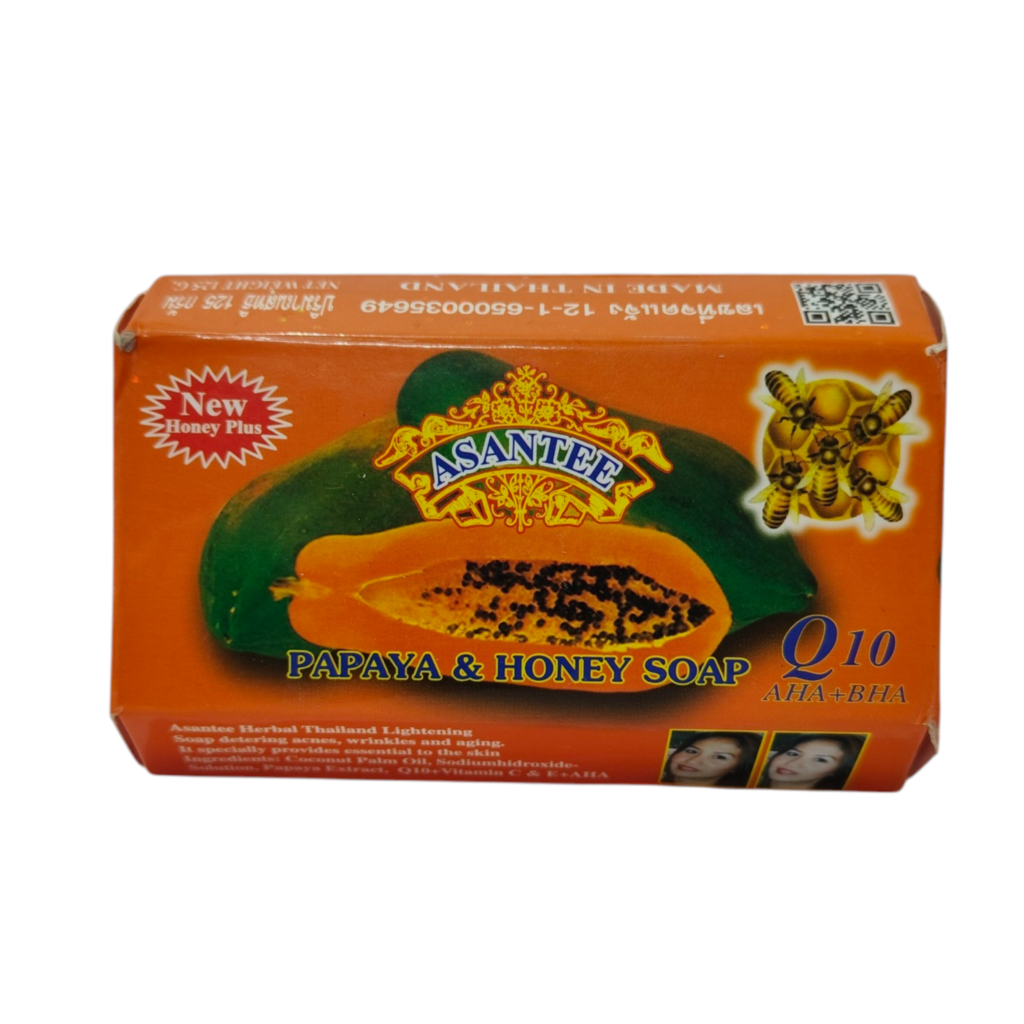 Asantee Papaya & Honey Soap 125g – Q10, AHA+BHA, Vitamin C & E – Thailand Herbal Lightening Soap